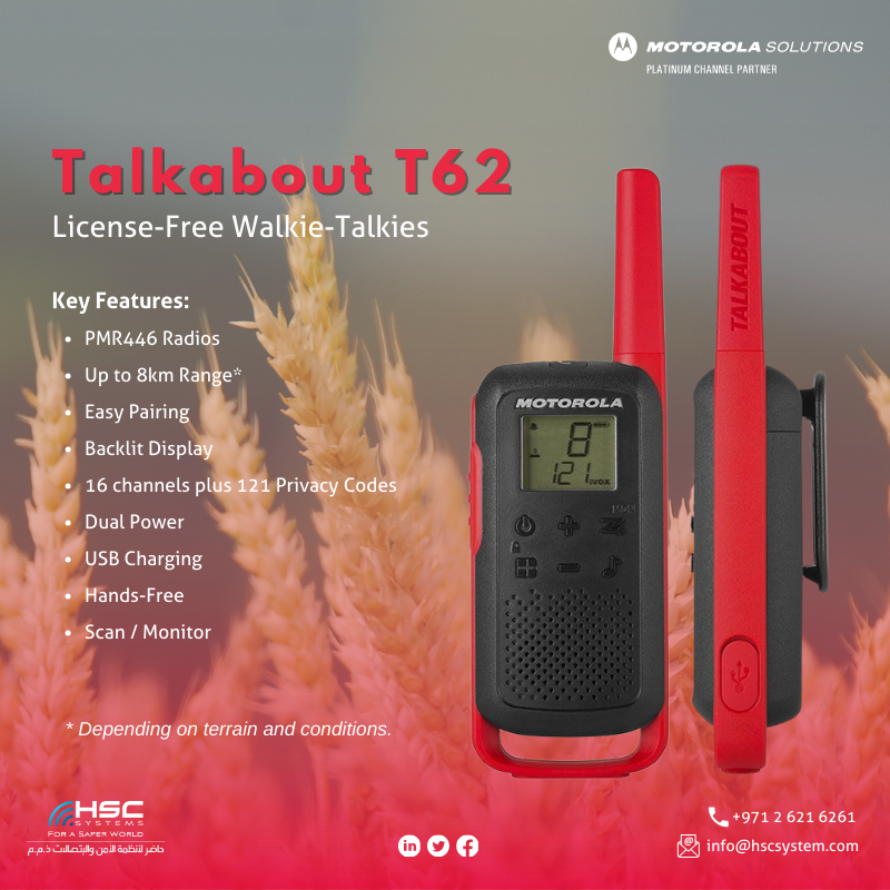 Fully-featured, tough and stylish, the Talkabout T62 walkie-talkie is the ideal way to stay connected during outdoor adventures.

#HSCS #forasaferworld #motorolasolutions #tlkr #walkietalkie #abudhabi #dubai #uae #adventure 
#ملتزمون_ياوطن
#نتصدر_المشهد