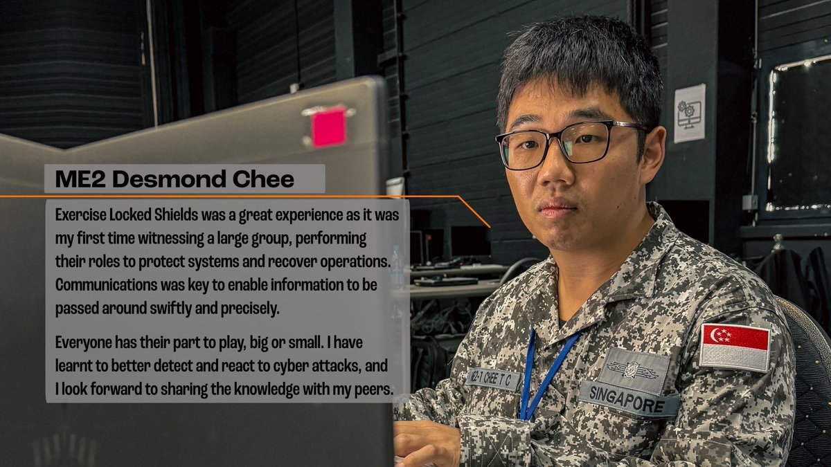 ME2 Desmond Chee, who was part of the network team, played an integral part in Exercise Locked Shields. Let’s find out more about his experience!

#LockedShields24 
#theSingaporeDIS 
#GuardiansofNewFrontier