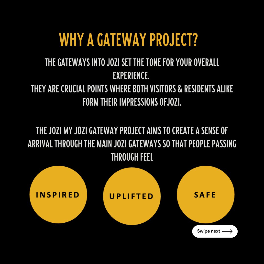 Jozi_My_Jozi's tweet image. Gateways are vital as they shape the initial impressions , playing a pivotal role in defining a city's identity and character. The Gateway Project,  aims to transform our city gateways into clean, safe, and creative spaces. #CityOfGold #UrbanChallenges #GatewayProject #JoziMyJozi