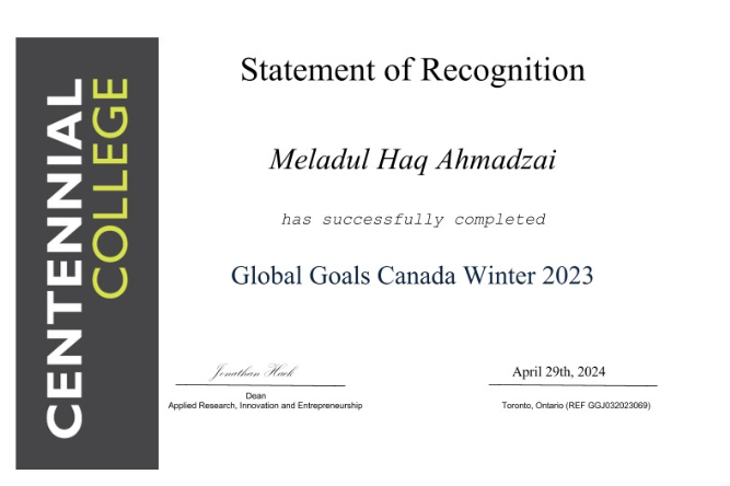 I am pleased to receive this recognition certificate from Centennial College, Applied Research, Innovation and Entrepreneurship department. 

My team and I competed in the Global Goals Jam and we won first place.

#healthcare #sdg2030 #entreprenuership