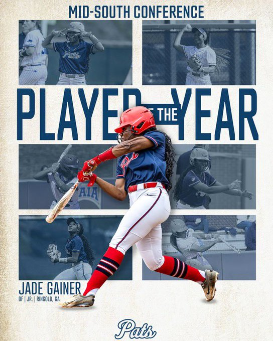 In her first year as a Patriot, #2 Jade Gainer is named the MSC Player of the Year!! #OneBigTeam

She ranks 2nd in MSC for batting average (.436) &amp; 3rd for stolen bases (20)!! She leads the Pats in batting average &amp; extra base hits (25) &amp; is 2nd in RBIs (50) and home runs (7)!!