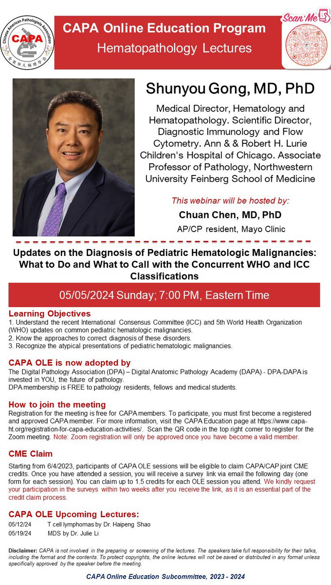 🌟Our new #HemePath seminar series continues with an insightful session on Pediatric Hematologic Malignancies featuring Dr. Shunyou Gong,@GongShunyou this Sunday (5/5), 7PM ET! Explore the latest WHO and ICC classifications and their clinical implications. Host: @DrChuanChen