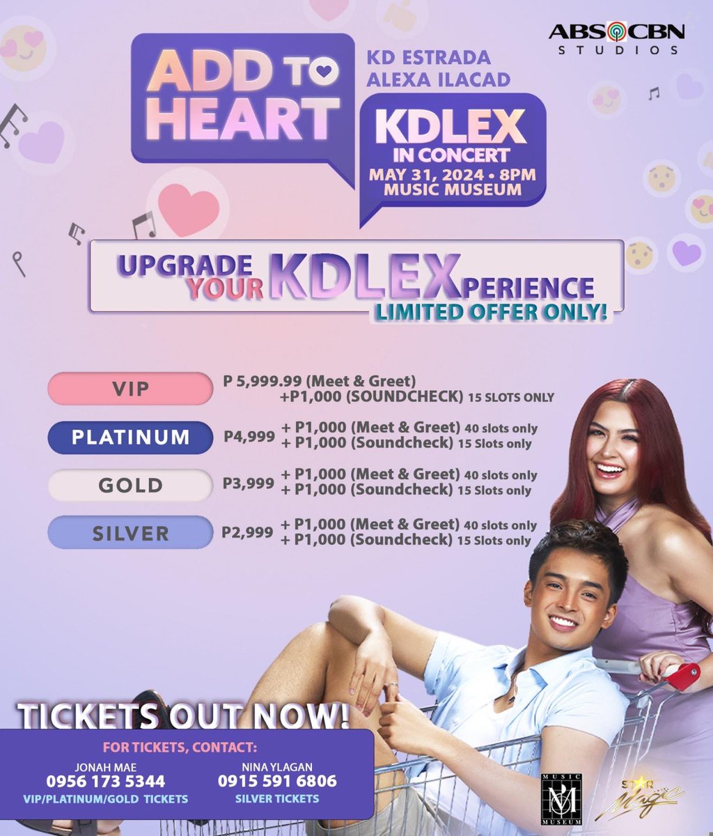 Nakapag-ADD TO HEART ka na ba? 🛒💕 Upgrade your KDLEXperience for a limited offer only! Checkout the ticket perks. 🎫 Kita-kits sa May 31, 2024, 8PM at the Music Museum. For tickets, contact: JONAH MAE 09561735344 VIP/PLATINUM TICKETS/GOLD NINA YLGAN 09155916806 SILVER…