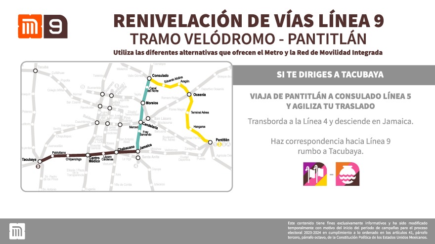 Las estaciones Pantitlán, Puebla y Ciudad Deportiva permanecen cerradas por trabajos de renivelación de vías de Línea 9. Si te diriges a Tacubaya como alternativa puedes viajar de Pantitlán a Consulado en la Línea 5 del Metro.