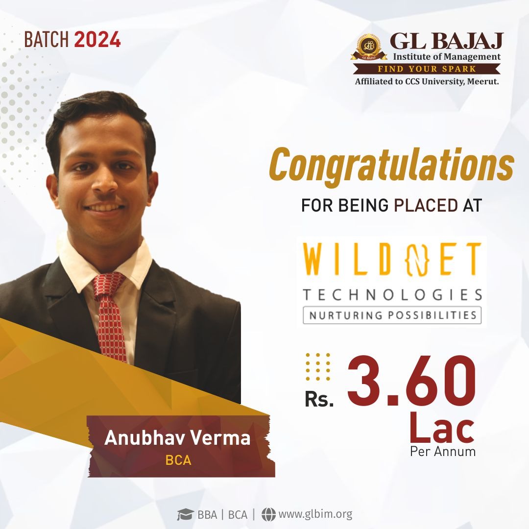 #glbajaj Institute of Management (GLBIM) is immensely proud to announce the #placement of its immensely talented student Anubhav Verma of BCA (Batch 2021-24) in #WildnetTechnologies
 #glbim #campusplacement #BCA #BBA #placement2024 #topbbacollege #bestbcacollege #findyourspark