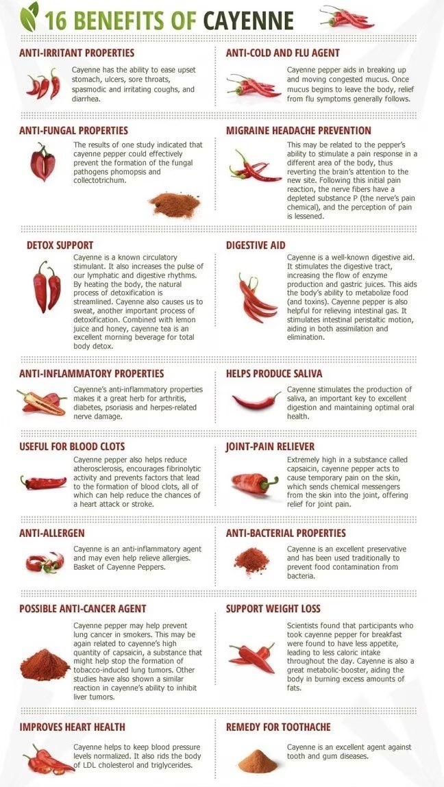 16 benefits of Cayenne Pepper.

Share this with someone you love; it could be a lifesaver for them!