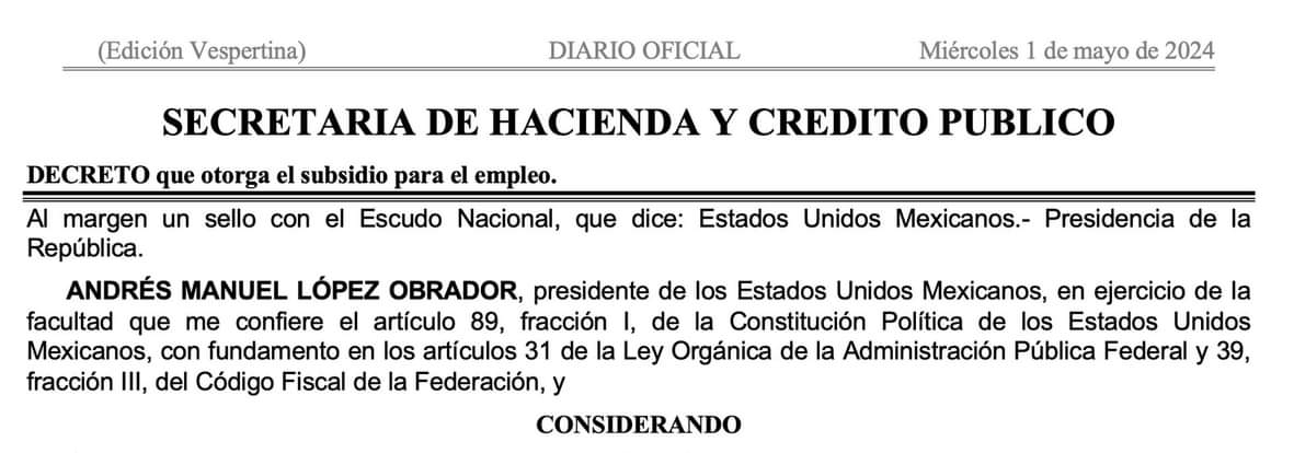 Nuevo decreto que otorga $390 pesos al mes de Subsidio para el empleo para   trabajadores que ganen hasta $9,081 mensuales.