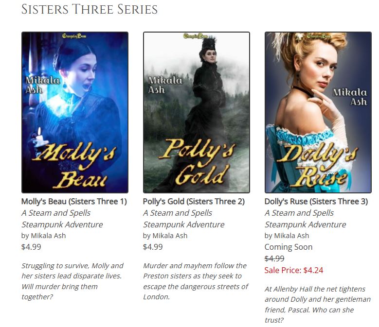 OUT NOW !!!!! Sisters Three; a steamy adventure series set in an alternate history / steampunk Victorian England. Enjoy as standalones or as a continuing narrative Available from Changeling Press. Cheers from Down Under. changelingpress.com/mikala-ash-a-83