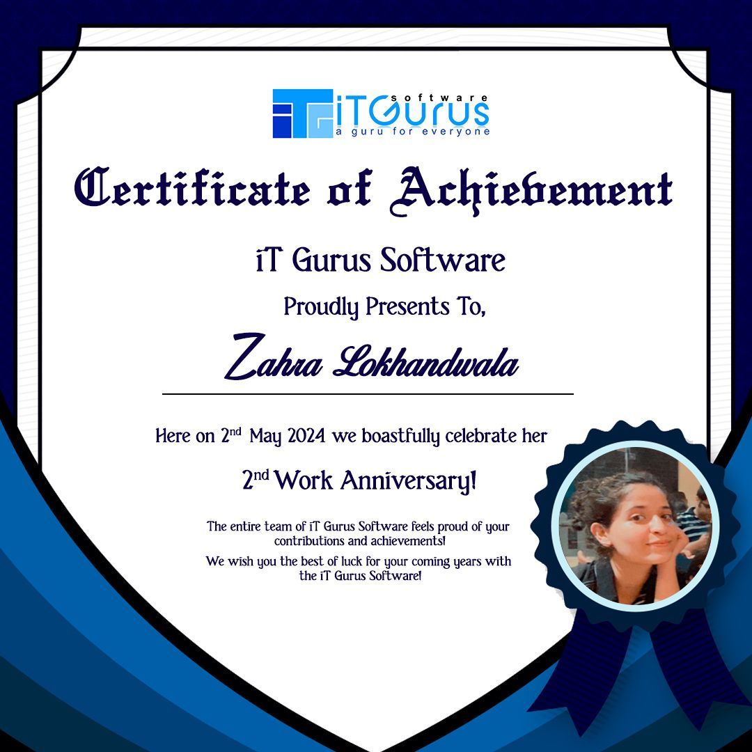 Congratulations on another year of hard work and dedication!
Happy Work Anniversary to @ Zahra Lokhandwala from Team iT Gurus Software!

#TranscendentalITServices #GurusOfIT #iTGurussoftware #employeespotlight #employeeappreciation #workanniversarycelebration #workanniversary
