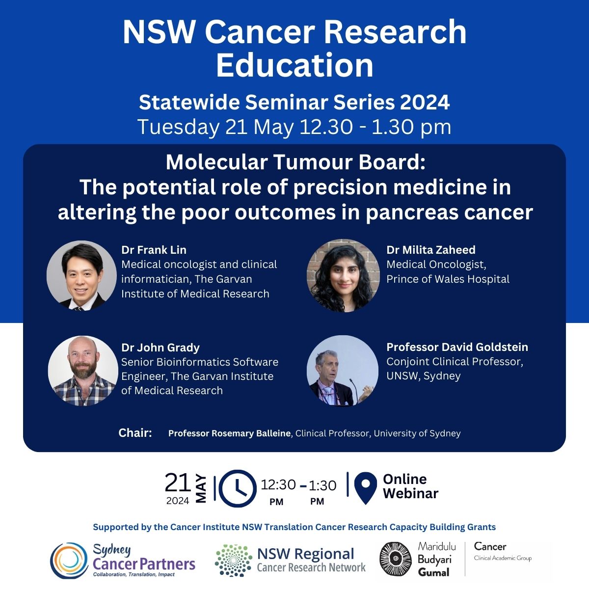 Join @NSWRCRN, @CancerSPHERE & @SydCancerPtnrs on May 21st, 12:30-1:30pm for the NSW Cancer Research seminar series - Exploring the role of precision medicine in altering poor outcomes for pancreas cancer. Don’t miss our stellar speakers! Register now: bit.ly/3xVGNJo