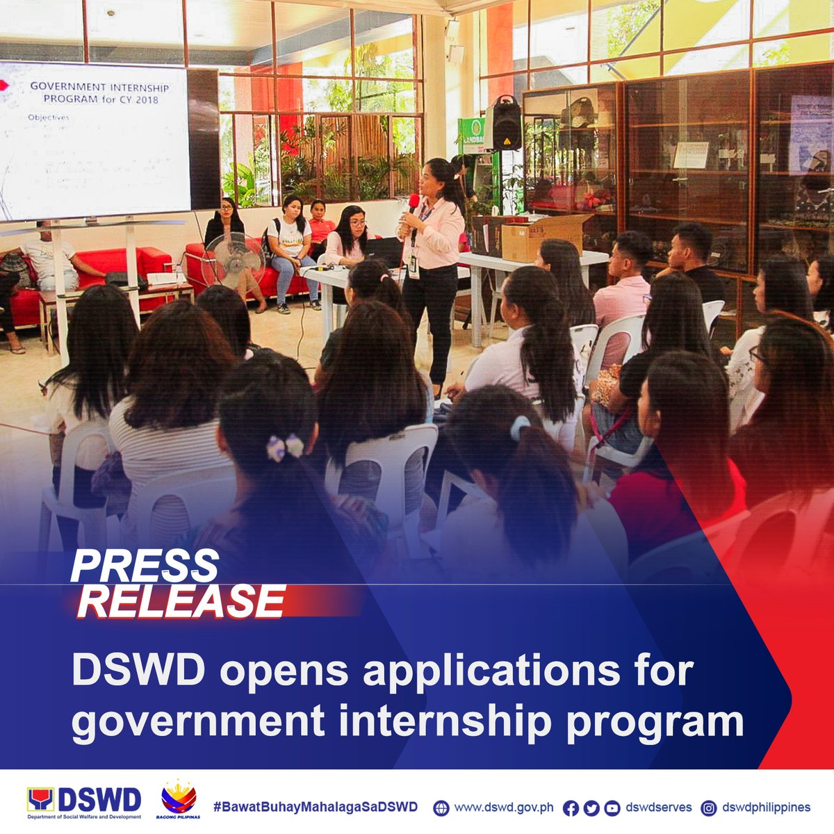 𝗗𝗦𝗪𝗗 𝗣𝗥𝗘𝗦𝗦 𝗥𝗘𝗟𝗘𝗔𝗦𝗘: DSWD opens applications for government internship program The Department of Social Welfare and Development (DSWD) is now accepting applicants for the Government Internship Program (GIP) starting May 8 to 10, DSWD Asst. Secretary for Disaster…