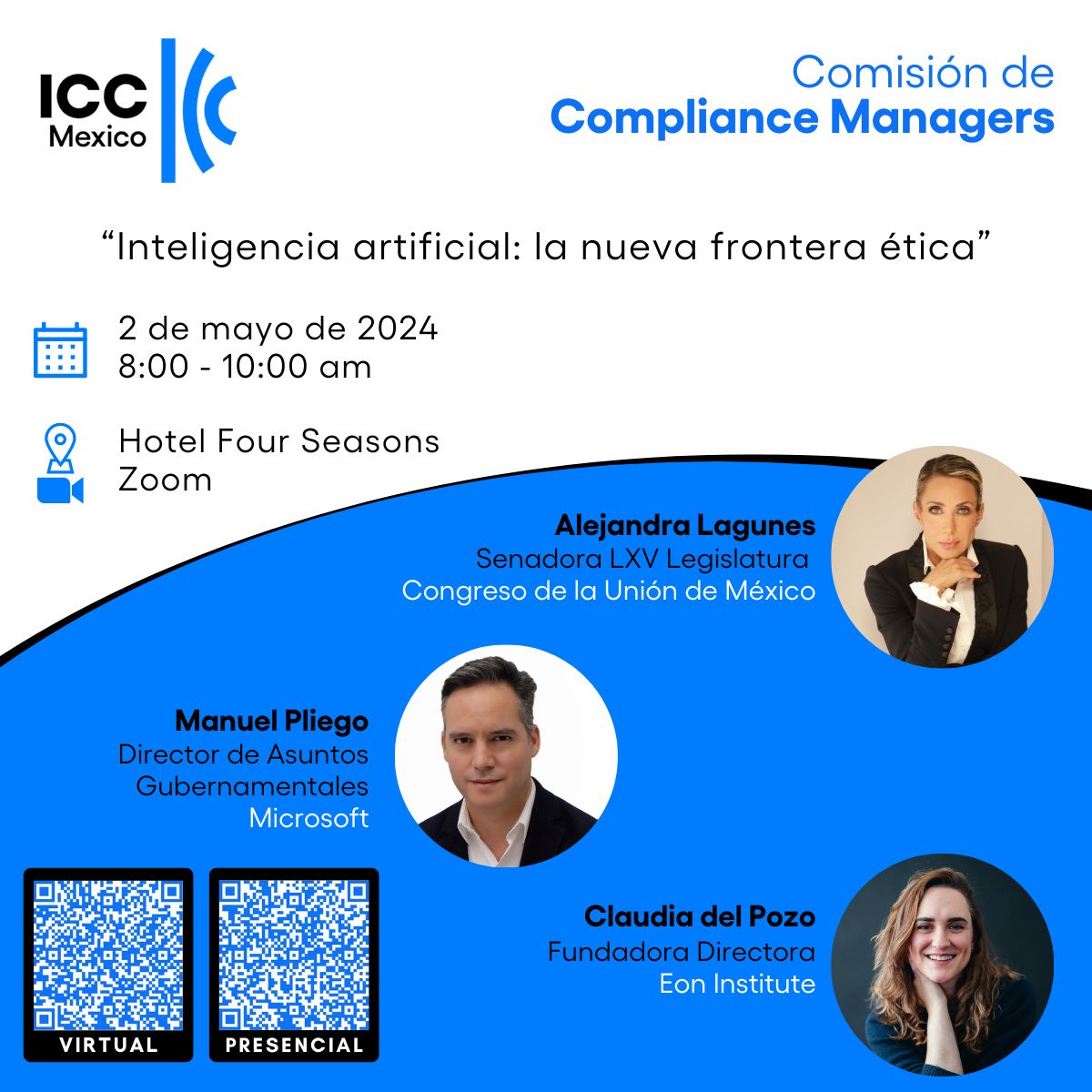 🤩 Únete al debate mañana para hablar de #IA: la nueva frontera #ética de la mano de nuestra Fundadora y CEO @claudiamdelpozo, @manuelpliego  de @Microsoft  y la Sen. @alelagunes en una conversación moderada por @LarreaGuillermo de @JonesDay 

Registro shorturl.at/gpK25