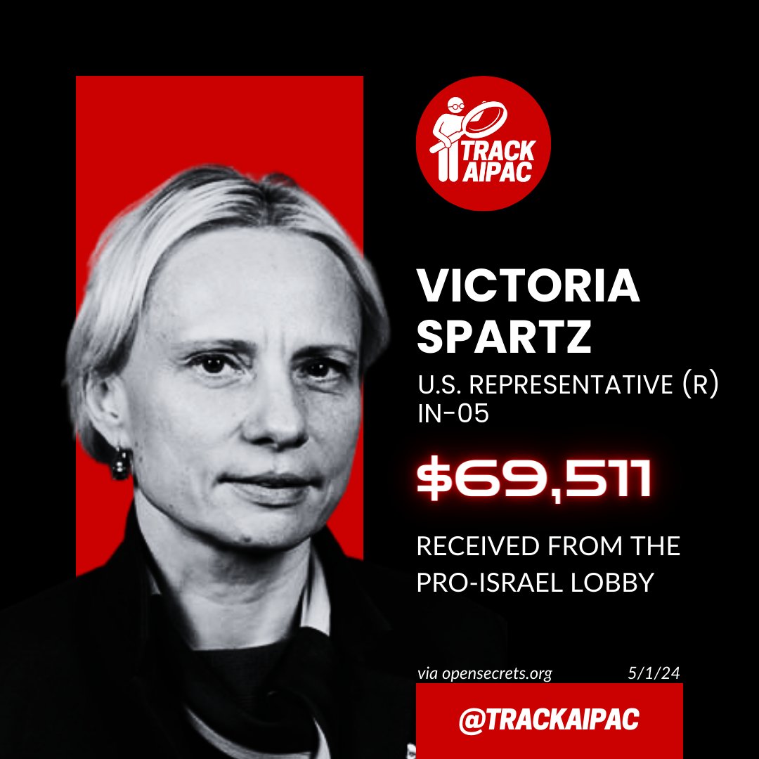 @RepSpartz @BudgetHawks How is it fiscally responsible to spend billions of taxpayer dollars on bombs for Israel to commit genocide and goad us into a war with Iran? Rep. Victoria Spartz has collected nearly $70,000 from AIPAC and the Israel lobby. #RejectAIPAC #IN05