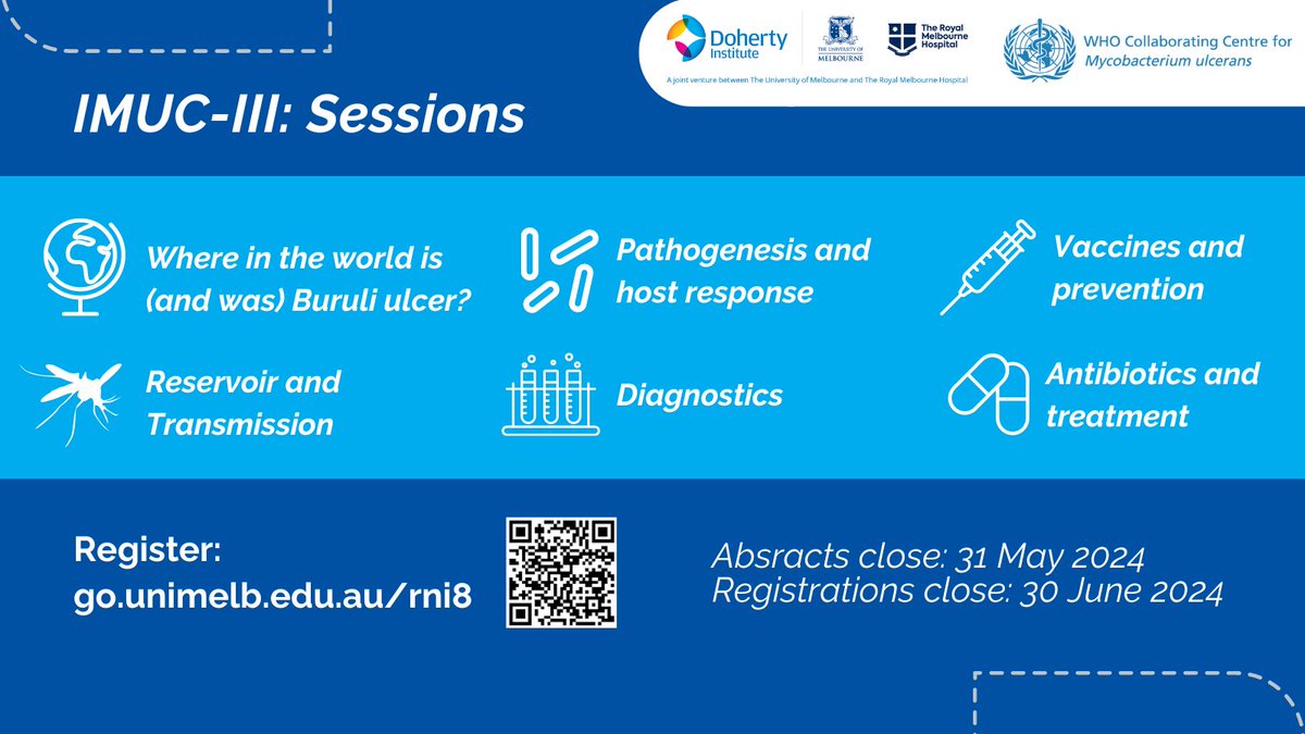 Have you registered for 3rd International Mycobacterium ulcerans Conference (IMUC-III)? 🗓️ 20-22 NOV📍Melb Check out our key sessions covering all aspects of Buruli ulcer, from transmission through to treatment. Submit your abstract and registration via 👉go.unimelb.edu.au/ini8