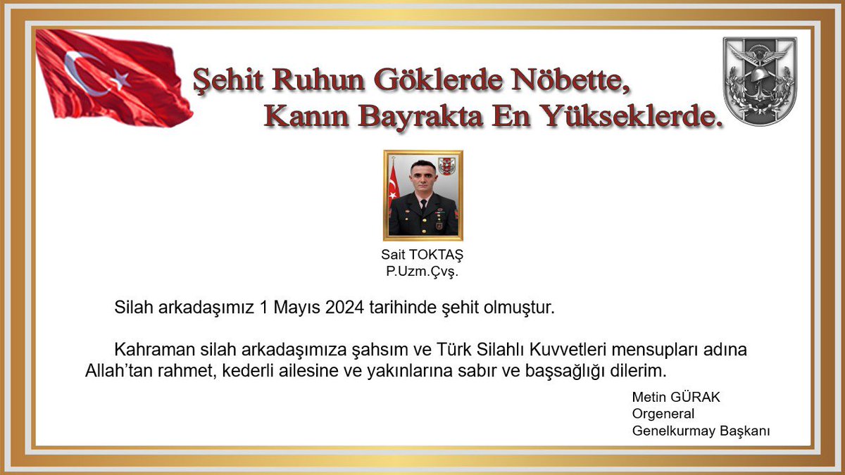 Pençe-Kilit operasyonu bölgesinde, mevziiye yıldırım düşmesi sonucu şehit düşen kahramanımız Sait Toktaş'a Allah'tan rahmet, ailesine ve Yüce Türk Milleti'ne sabır ve başsağlığı diliyoruz. Ruhu şad olsun. #ŞehitlerÖlmez 🇹🇷

#TürkMilliHareketi
#UlusalEgemenlikHareketi