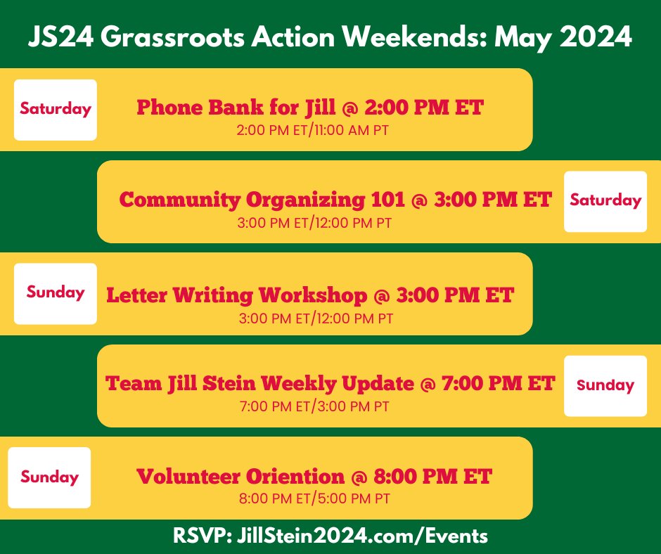 Want to help the campaign, but don't know where to begin? Bookmark the new JS24 Field Calendar and never miss another opportunity to support the movement for people, planet, and peace. RSVP: JillStein2024.com/events