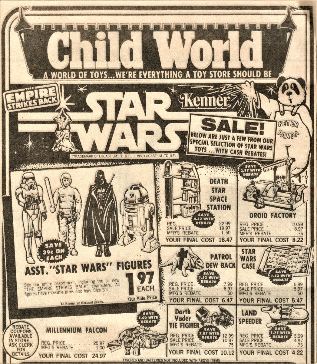May the 4th be with you! 🐼
Child World  'A WORLD OF TOYS... WE'RE EVERYTHING A TOY STORE SHOULD BE.'
As advertised at Child World on June 1, 1980
#ChildWorld #ChilrensPalace #Kenner #StarWars #EmpireStrikesBack #Hasbro