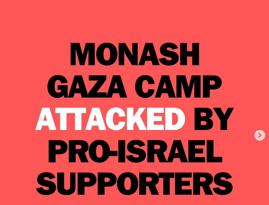 Australian politicians and the media are slandering pro-Palestinian encampments at universities as a threat to 'safety.' But not a single statement or article on this violent assault on the Monash encampment by fascists with Aus and Israeli flags. instagram.com/reel/C6cl-qZBY…