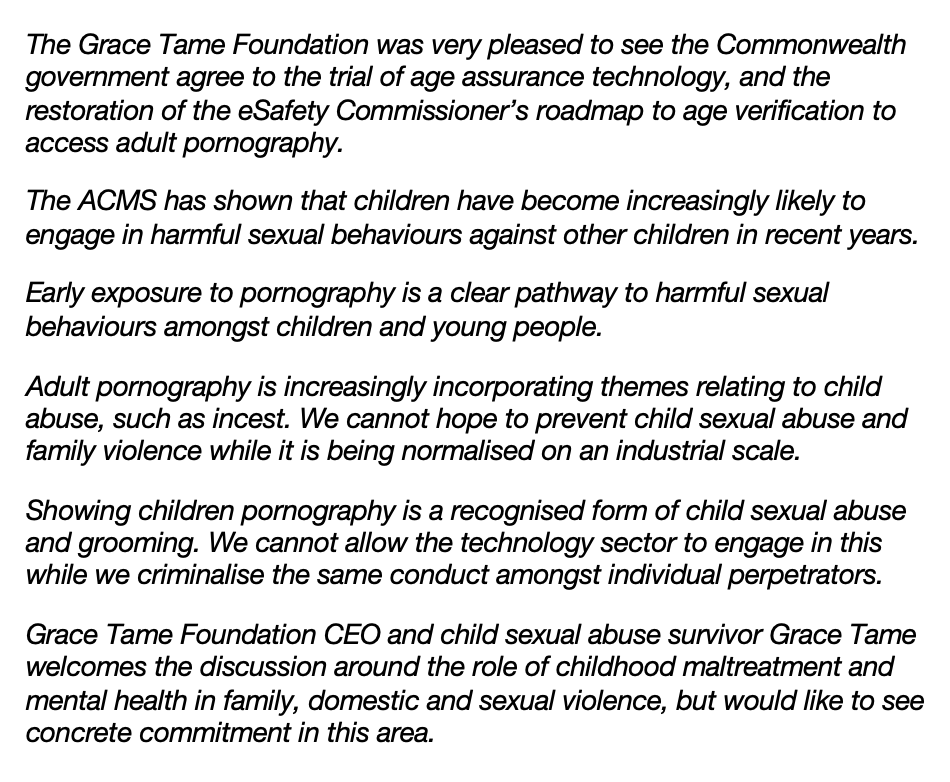 The Grace Tame Foundation welcomes the government's commitment to a trial of age assurance technology, and a renewed focus on child maltreatment and mental health in family, domestic and sexual violence.