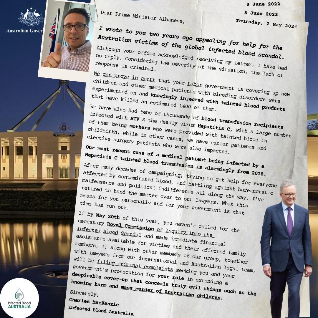 My letter to #Australia’s PM @AlboMP letting him know what’s coming for him and for his #Labor government for their role in extending a #coverup that conceals terrible things like children being used as ‘Guinea Pigs’ and knowingly injected with #TaintedBlood. #Haemophilia