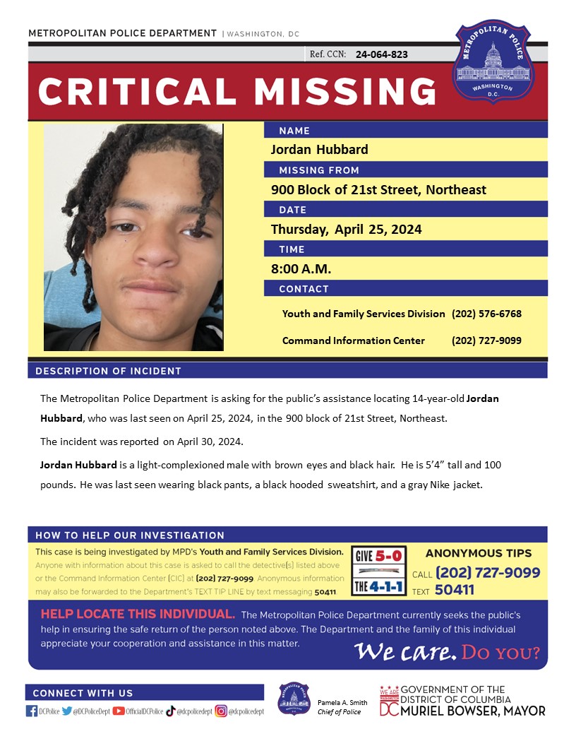 Critical #MissingPersons 15-year-old Baxter Hubbard and 14-year-old Jordan Hubbard, who are brothers, who were last seen on April 25, 2024, in the 900 block of 21st Street, Northeast. The incident was reported on April 30, 2024. Have info? Call 202-727-9099 or text 50411.