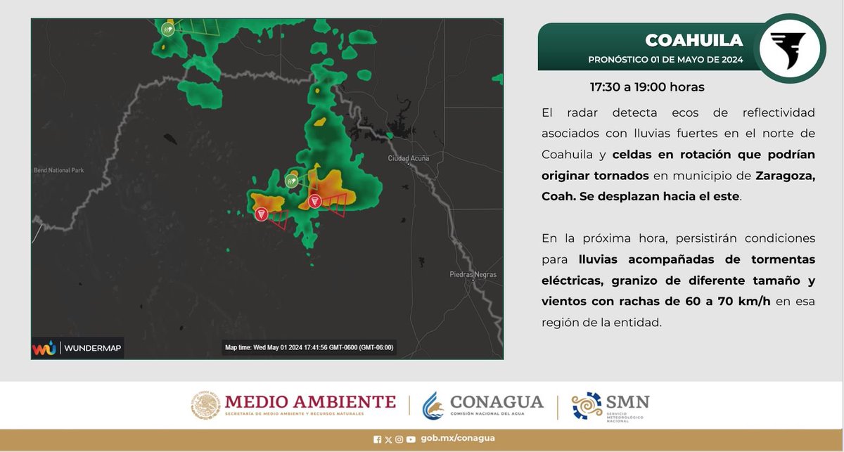 Se esperan #Lluvias acompañadas de #TormentasEléctricas, #Granizo de diferente tamaño y #Rachas de viento de 60 a 70 km/h en el municipio de Zaragoza, #Coahuila. 👀