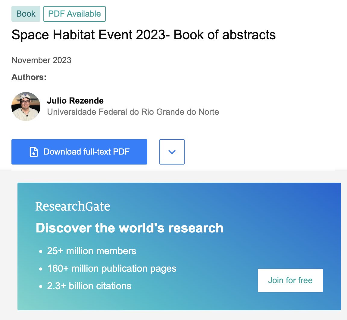 We published the Book of Abstract of Space Habitat Event 2023. The abstract book is available for download in Research Gate:
researchgate.net/publication/38…

Be in contact with a great diversity of space research. #Space #SpaceResearch #astronaut #analogastronaut #spaceanalog #analogs