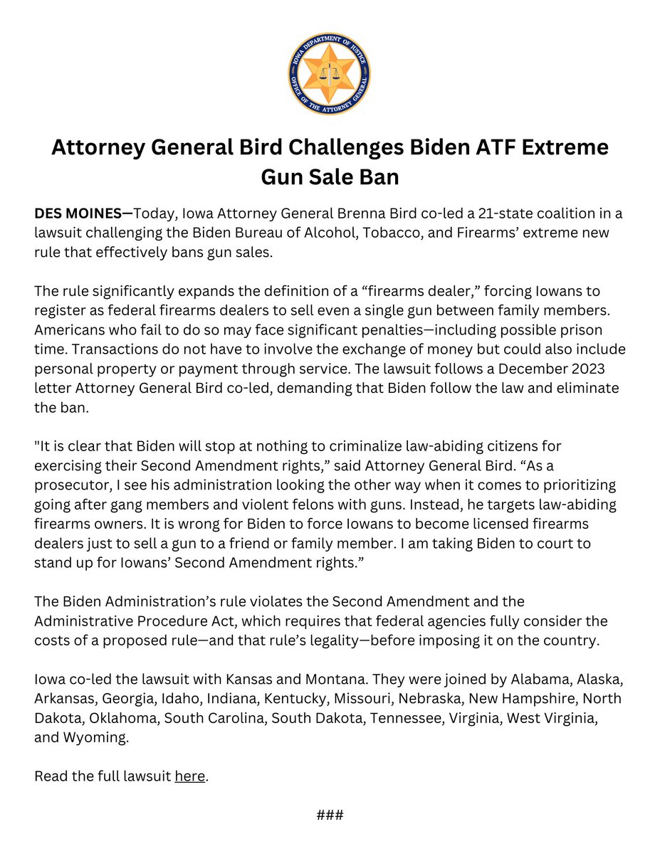 As a prosecutor, it makes me mad to see Biden look the other way when it comes gangs & violent criminals, but target innocent gunowners. Iowans shouldn’t have to register as federal firearms dealers to sell a gun to their families. I’m suing to stop Biden’s gun ban.