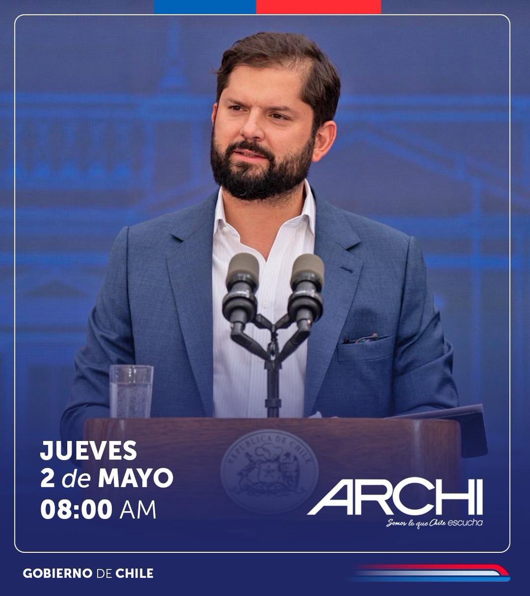 Este jueves 2 de mayo a las 8.00 AM, entrevista en vivo al Presidente de la República @GabrielBoric en más de 500 radios de @SomosArchi.