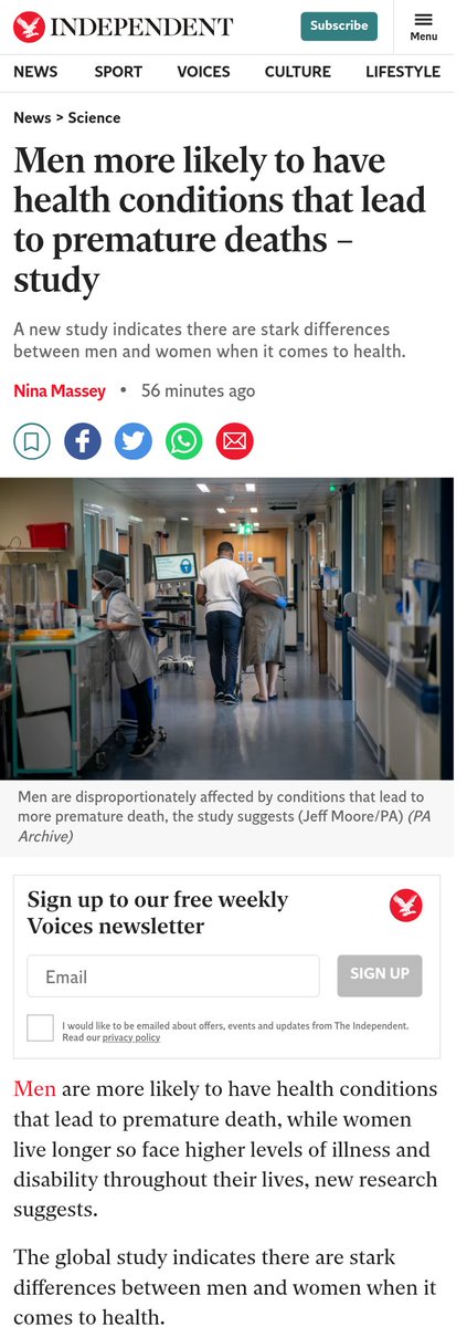A Tale of Two newspapers:

The Guardian: Sure , men are dying but could we focus on the fact that women are uncomfortable.

The Independent: Men are dying young and we should really do something about it.