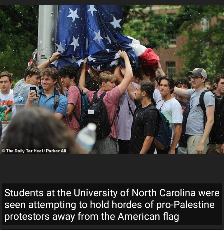 Patriotic frat boys valiantly protected an American flag on the campus of the University of NC Chapel Hill even while being pelted by water bottles from pro-Palestine protesters.