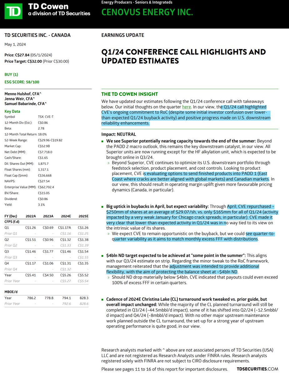 TD on Cenovus Energy's 1Q24 Conference Call 'Q1/24 CONFERENCE CALL HIGHLIGHTS AND UPDATED ESTIMATES' #COM #OOTT $CVE.TO $CVE
