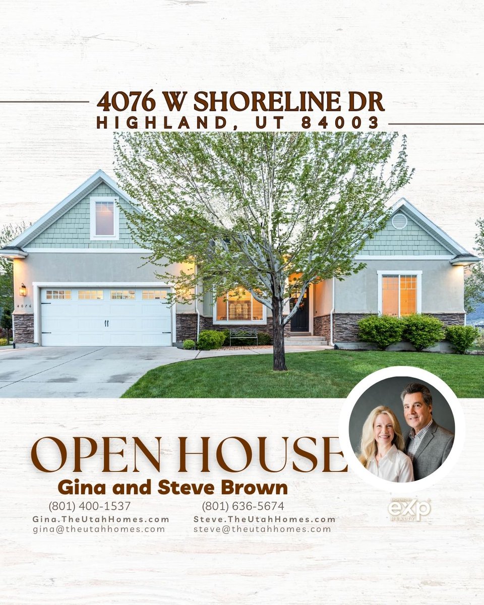 Open House: Saturday, May 4, 2024 from 11:00 AM - 2:00 PM

gina.theutahhomes.com/.../4076-w-sho…

DM for more info!
Gina Brown
📷 801-400-1537
📷 gina@theutahhomes.com
📷 Gina.TheUtahHomes.com

#UtahHomes #eXpRealty  #realestate #realty #househunting #homesforsale #justlisted #Highland