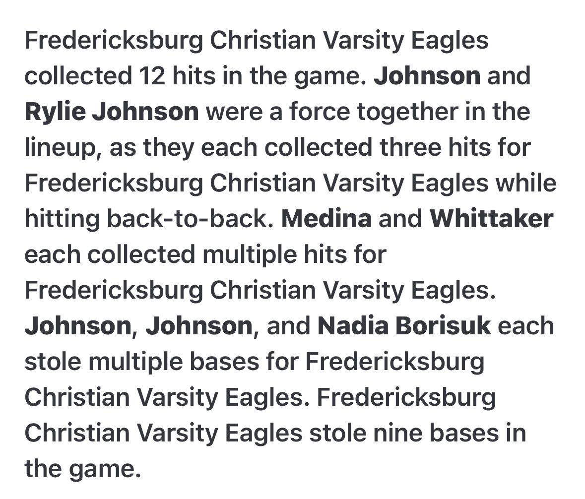 Great Day to be an 🦅! Scored 3, Drove in 4 RBI and had a 2 Stolen Bases! Finishing HS season 💪🏼 and CANNOT wait for some Summer Ball! @SoftballFcs @VAUnitySB @Unity16uJohnson @FLSVarsity @ExtraInningSB @UnityCoachJosh