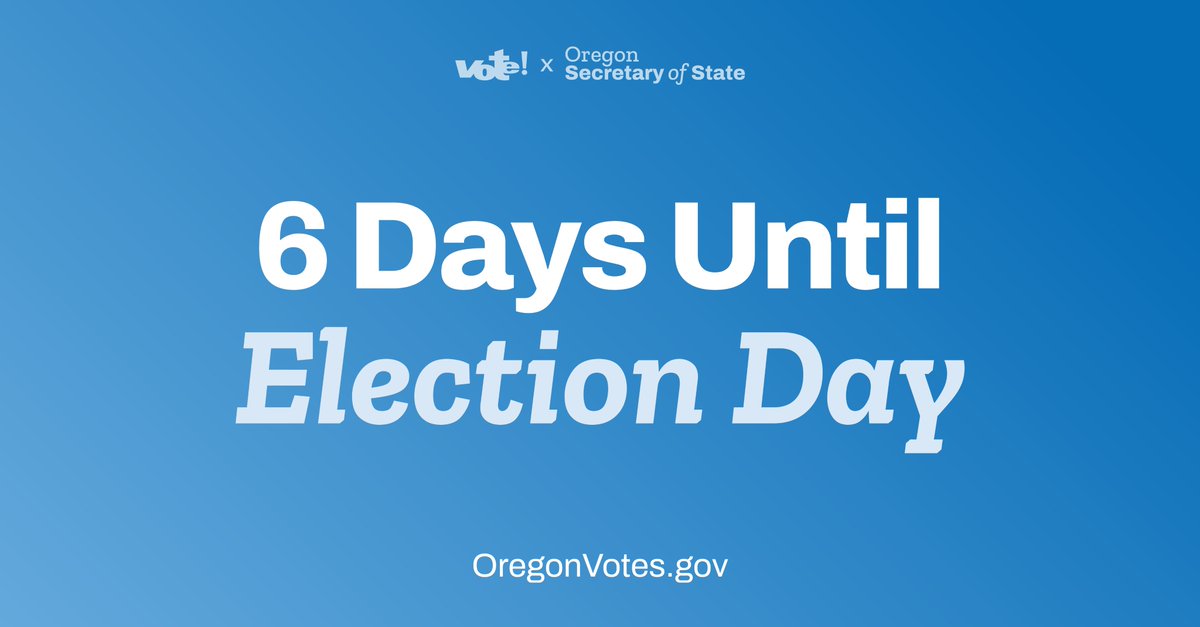 You have SIX DAYS to turn in your ballot! Voting in Oregon feels so ✨GOOD✨ Turn in your ballot by 8pm on May 21st. Your options are: ✅Mail it. Make sure your ballot is collected by USPS and postmarked by Election Day. ✅Use an official drop site. OregonVotes.gov/dropbox