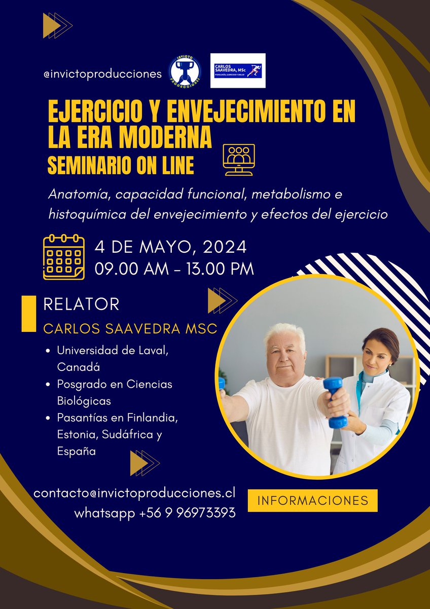 SEMINARIO DE EJERCICIO FÍSICO Y ENVEJECIMIENTO EN LA ERA MODERNA, MAYO DE 2024

Dirigido a Profesores/as de Educación Física, Licenciados/as en Actividad Física, Nutricionistas, Médicos, Kinesiólogos/as, Entrenadores/as, Tecnicos Dep, Profesionales en general y Estudiantes