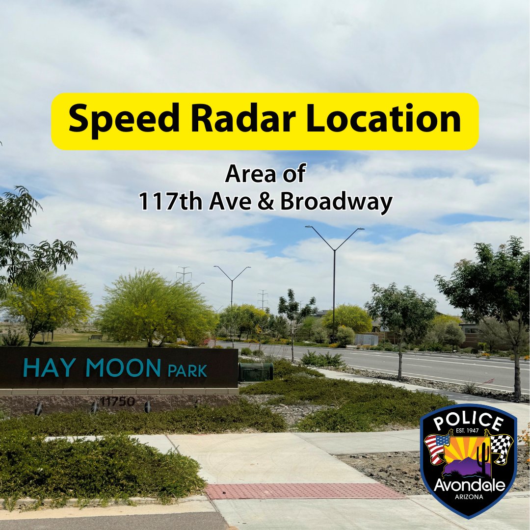🚨Speed Safety Camera Locations🚨
- Area of 4100 S. Avondale Blvd
- Area of 117th and Broadway 
Remember, it’s not a surprise – we’re letting you know where they are to help keep our roads safer for everyone. 
Visit our website for more information:
avondaleaz.gov