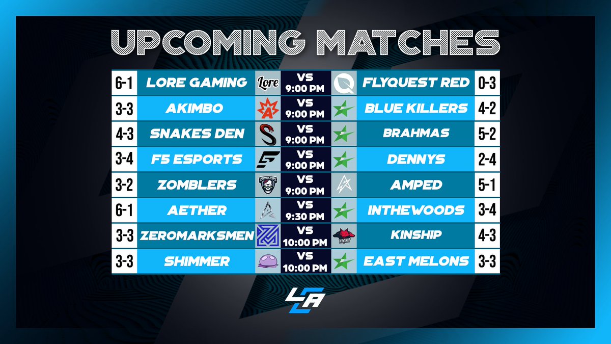 🚨 Tonight's Matches Covered by LCA!🚨 ⚔️ @LoreGaming_ VS @FlyQuestRED 🎙️ @cashmmt & @TheWillyN ⚔️ @akimboes VS #BlueKillers 🎙️ @Amaster15 ⚔️ @SnakesDenGG VS #Brahmas 🎙️ @GETTHEBAGMARK ⚔️ @F5_HQs VS #Dennys 🎙️ @cernersandals 🔗: IN REPLIES
