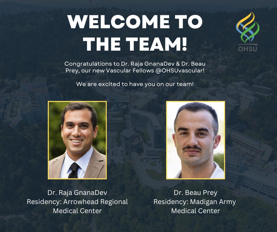 A big welcome to our new Vascular Fellows, Dr. Raja GnanaDev and Dr. Beau Prey! We are looking forward to working with you! #Match2024 @FutureVascSurgn @OHSUsurgery @ShereneShalhub @robmclafferty @tk_liem @JungEnjae @RhusheetPMD @LeoDaabMD