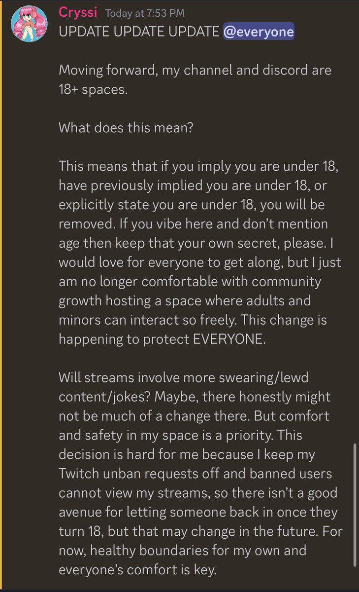 Small update on my online spaces 💕
This is a preventative and not a responsive decision, I love my community and I hope this change makes everyone a little safer.