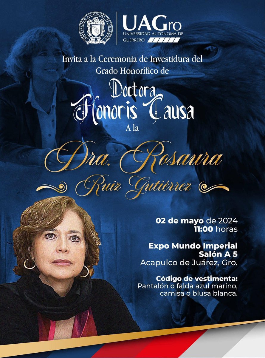 Este 2 de mayo, acompáñanos a la Ceremonia de Investidura del Grado Honorífico de Doctora Honoris Causa👩🏻‍🎓a la Dra. Rosaura Ruiz Gutiérrez, que se llevará a cabo en el salón A5 de la Expo Mundo Imperial a las 11 de la mañana. 

#ElFuturoEsAhora