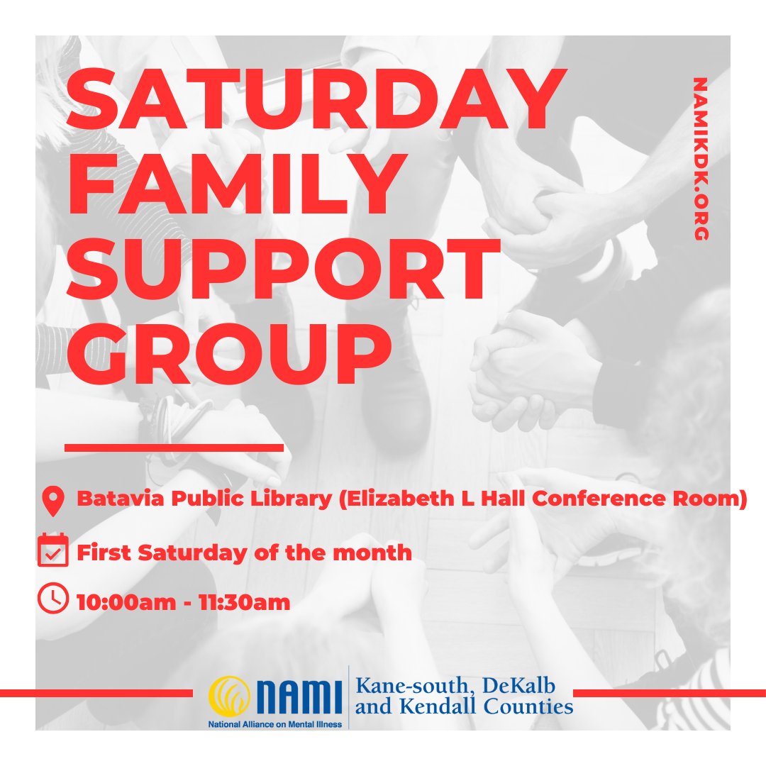 Join us Saturday for our in-person Family Support Group in Batavia. We meet every 1st Saturday at the Batavia Public Library, 10am - 11:30am! Register: forms.gle/MPqj8ywj3vjZ5n…

#SupportGroup #YouAreNotAlone #MentalHealthMatters #FamilySupportGroup