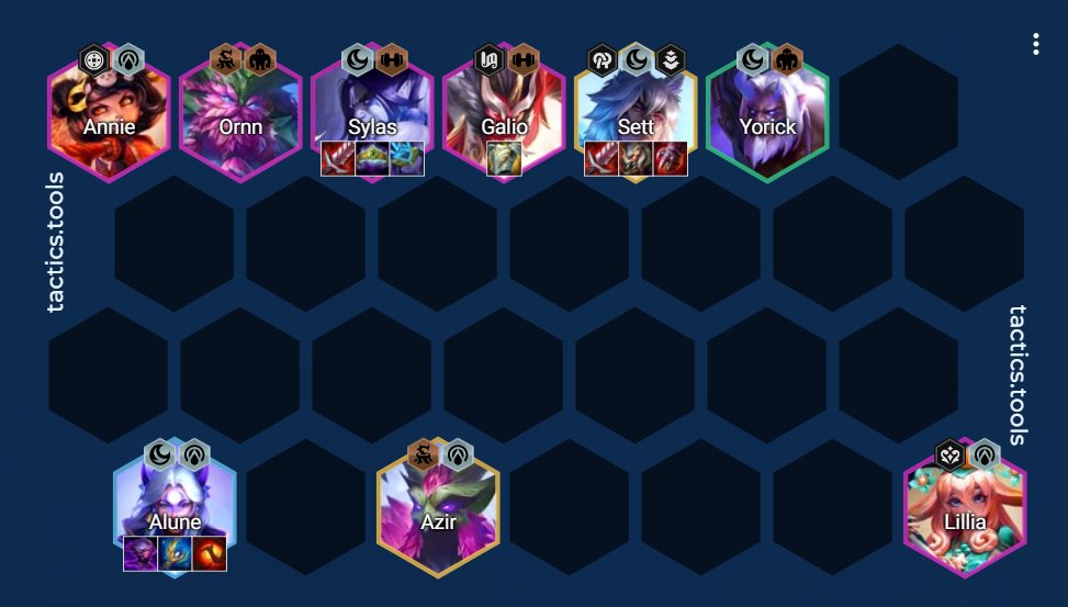 Na minha opinião, essa é a melhor comp da Alune carry possível, melhor que a versão com esse tal de Yone aí, que vamos combinar que nem boneco é. Não com 6 Umbrais, mas sim Umbrais + Emanadores!