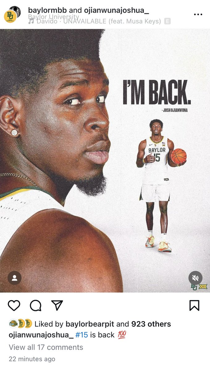 Josh Ojianwuna is staying at #Baylor for the 2024-25 season per his instagram. #SicEm