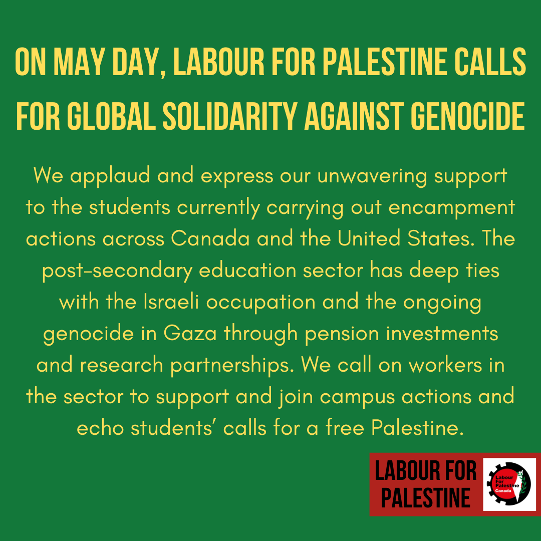 On May Day, We Call for Global Solidarity Against Genocide. #FreePalestine #cdnpoli #canlab Our full statement: facebook.com/plugins/post.p…'