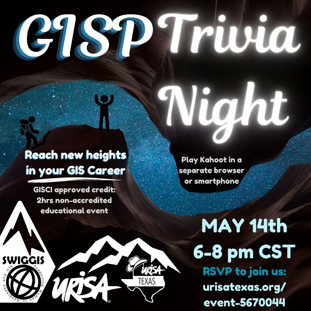 1 week away!

Join <a href="/URISA/">Geospatial Professional Network</a> , <a href="/URISATexas/">GPN Texas</a> &amp; <a href="/SWIGGISAustin/">SWIGGIS Austin</a>  for a night of #GISP Virtual #Trivia !!

Tuesday, May 14 · 6 – 8pm

RSVP: urisatexas.org/event-5670044