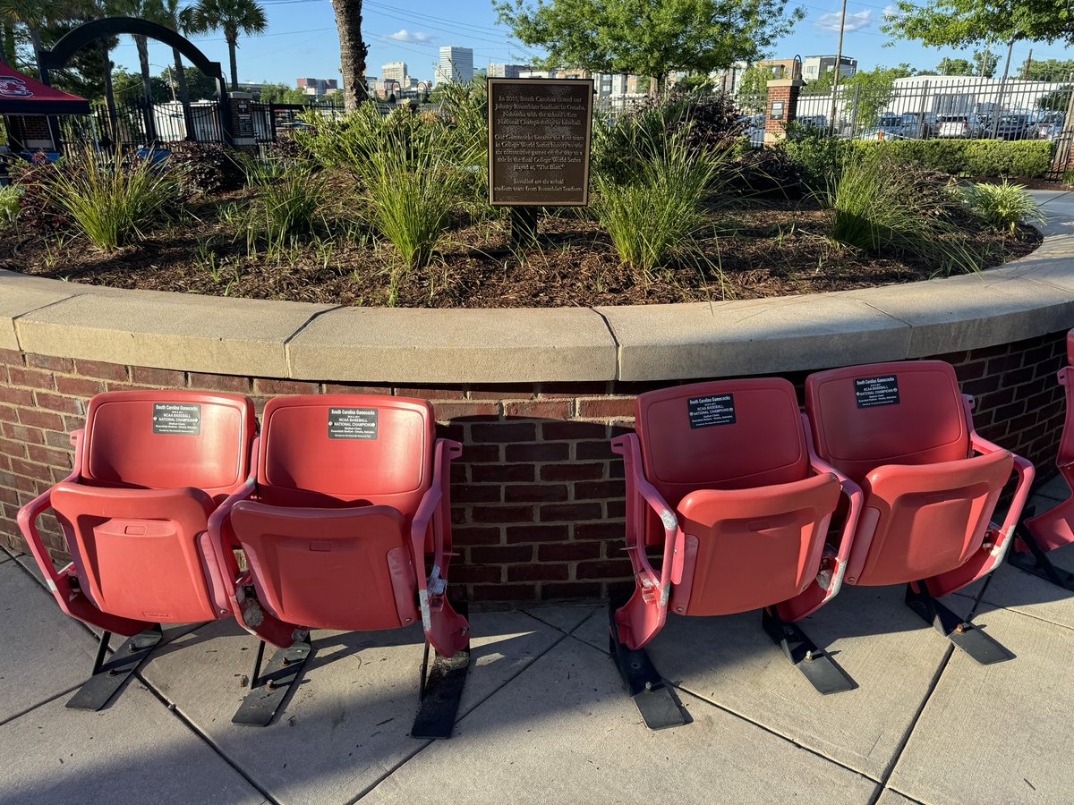 Super cool feature here at Founders Park. South Carolina installed chairs from Johnny Rosenblatt Stadium where the Gamecocks won the final CWS Championship at The Blatt.