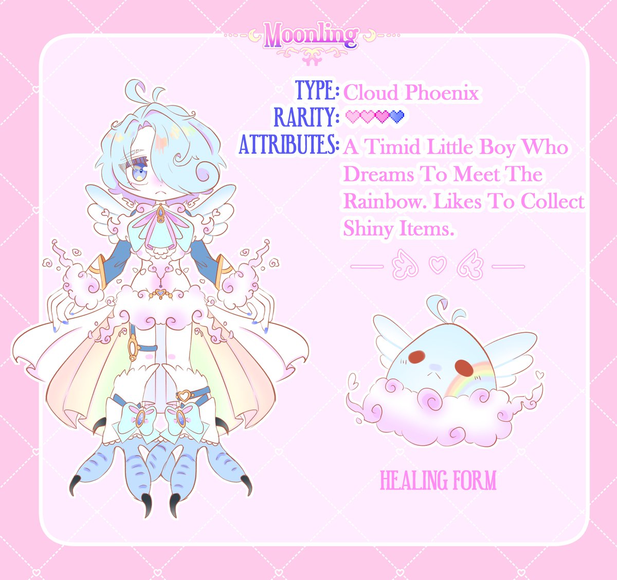 Meet my new OC, Niji!!! (he/him) He was designed for @FIYUNAE moonling event!!! Had a lot of fun designing him!!! 🌈☁️