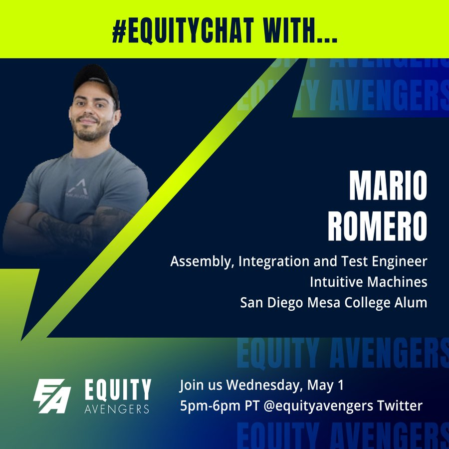 Welcome to #EquityChat w/your hosts @Iamkeithcurry @DrTammeil & @DrPamLuster Tonight we welcome @AstroZed186 @sdmesacollege alum and aspiring astronaut! Welcome Mario!