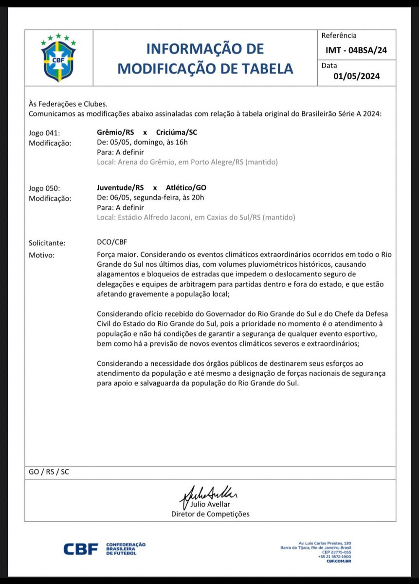 Jogo adiado devido aos eventos climáticos recentes no RS CBF adiou Grêmio x Criciúma que seria no próximo domingo, ainda sem nova data #Gremio 🇪🇪